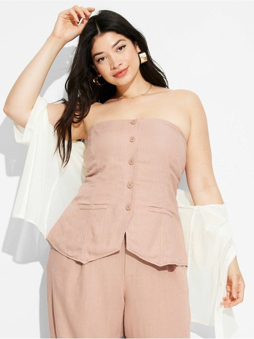NEW Strapless Button-Front Suit Blush Pink Linen Tube Top